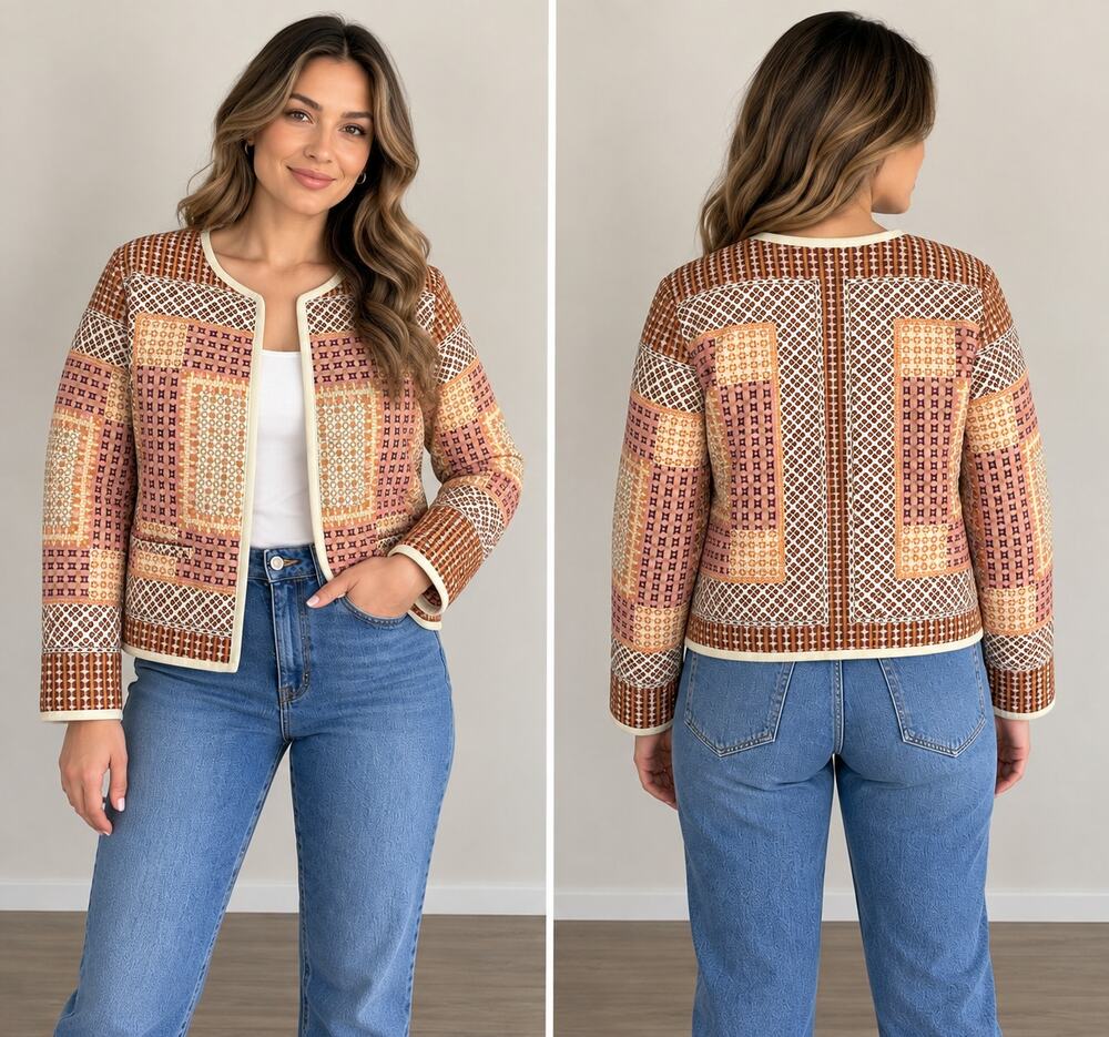 Anthropologie Quilted Patchwork Jacket Women’s Small Cotton Boho Pink Brown